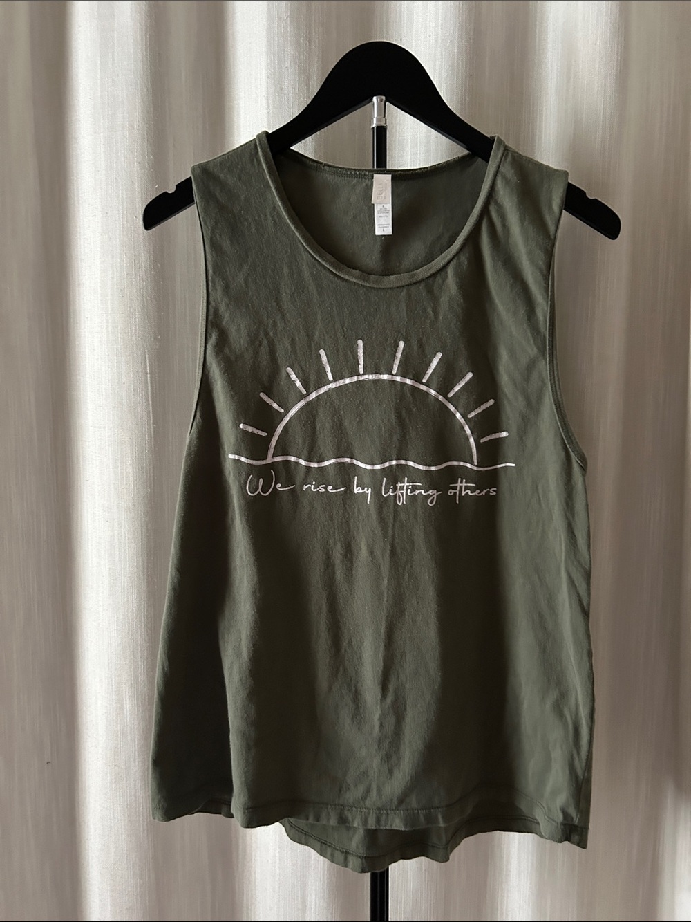 BELLA  100% Cotton Tank Top with Sunrise Graphic - Olive Green. Large